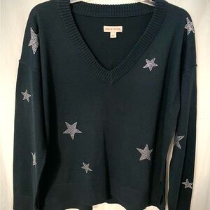 Knox Rose Dark Blue V-Neck Sweater with Star Pattern